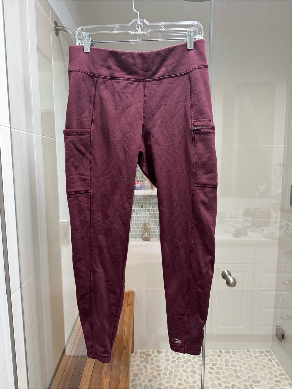 L.L. Bean Burgundy High-Waist Fleece Leggings with Side Phone Pockets